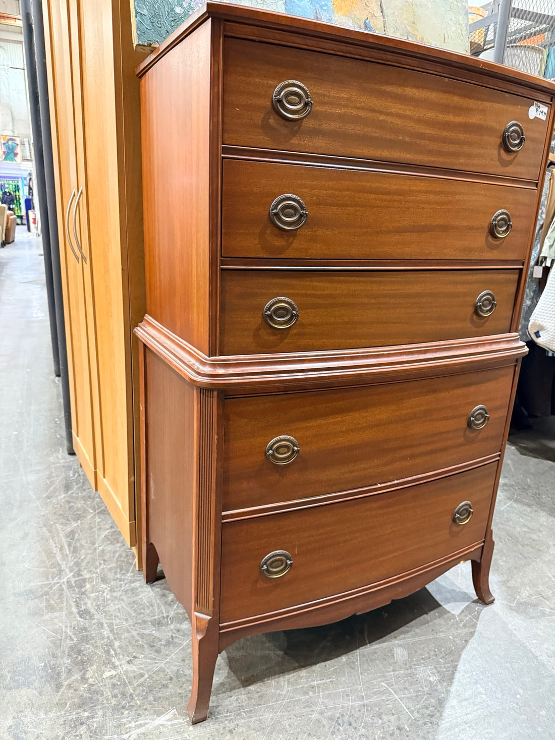 Five-drawer tallboy dresser angled side view and legs