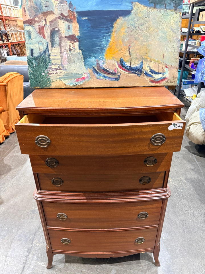 Vintage tallboy dresser front with upper drawer open