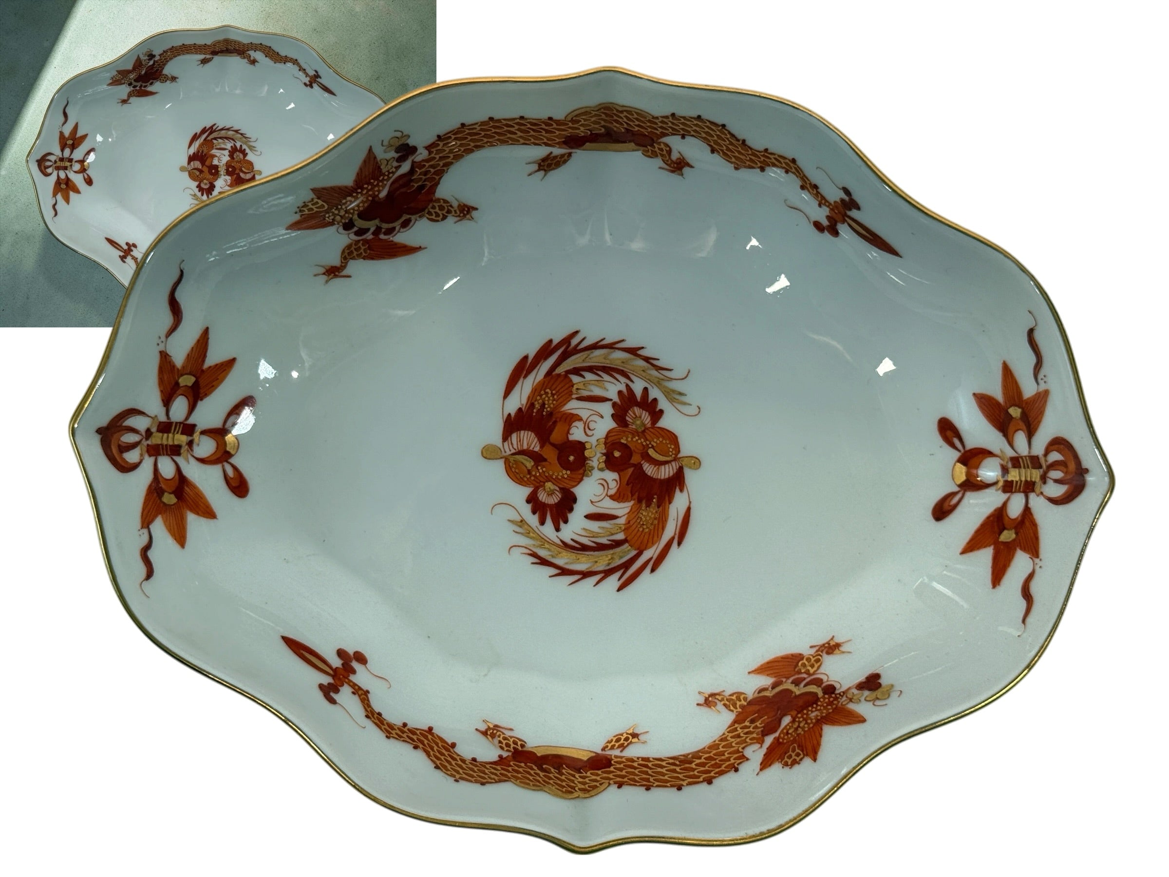 Vintage Meissen Red Dragon oval porcelain dish with gold trim and scalloped edges. Measures 6 × 4.5 inches. Collectible German porcelain.