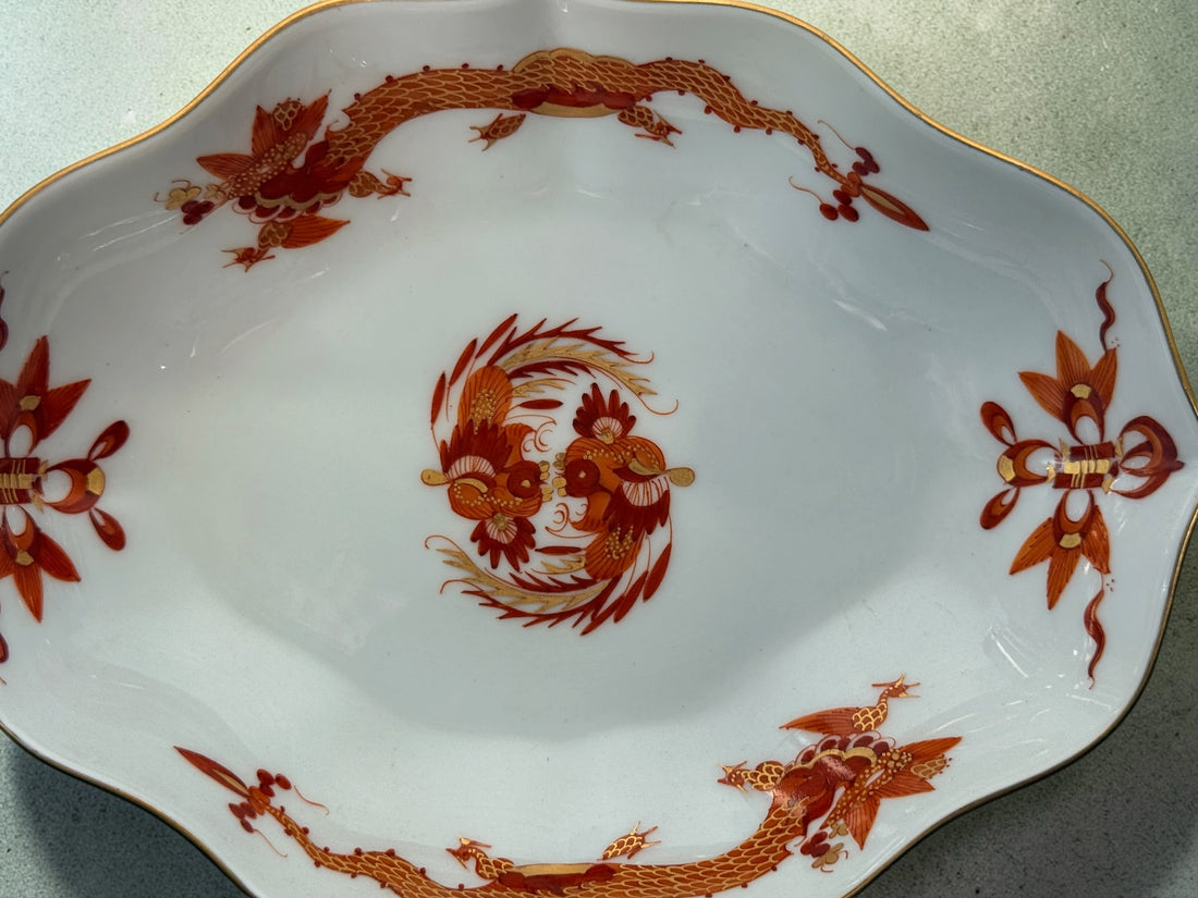 Vintage Meissen Red Dragon oval porcelain dish with gold trim and scalloped edges. Measures 6 × 4.5 inches. Collectible German porcelain.