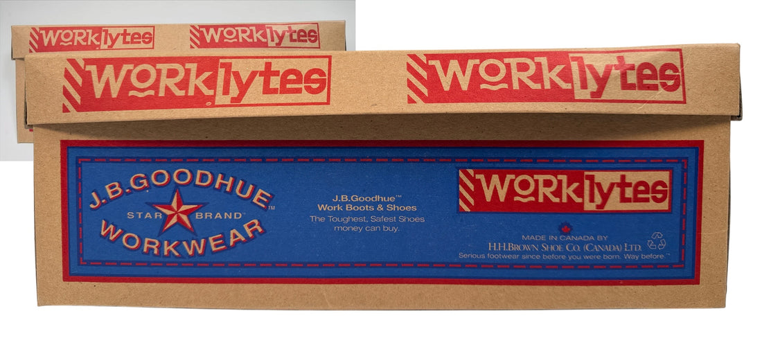 Shop J.B. Goodhue Worklytes black leather shoes, size 8 E. Canadian-made moc-toe lace-ups in like-new condition with original box at Eco Depot Montreal.