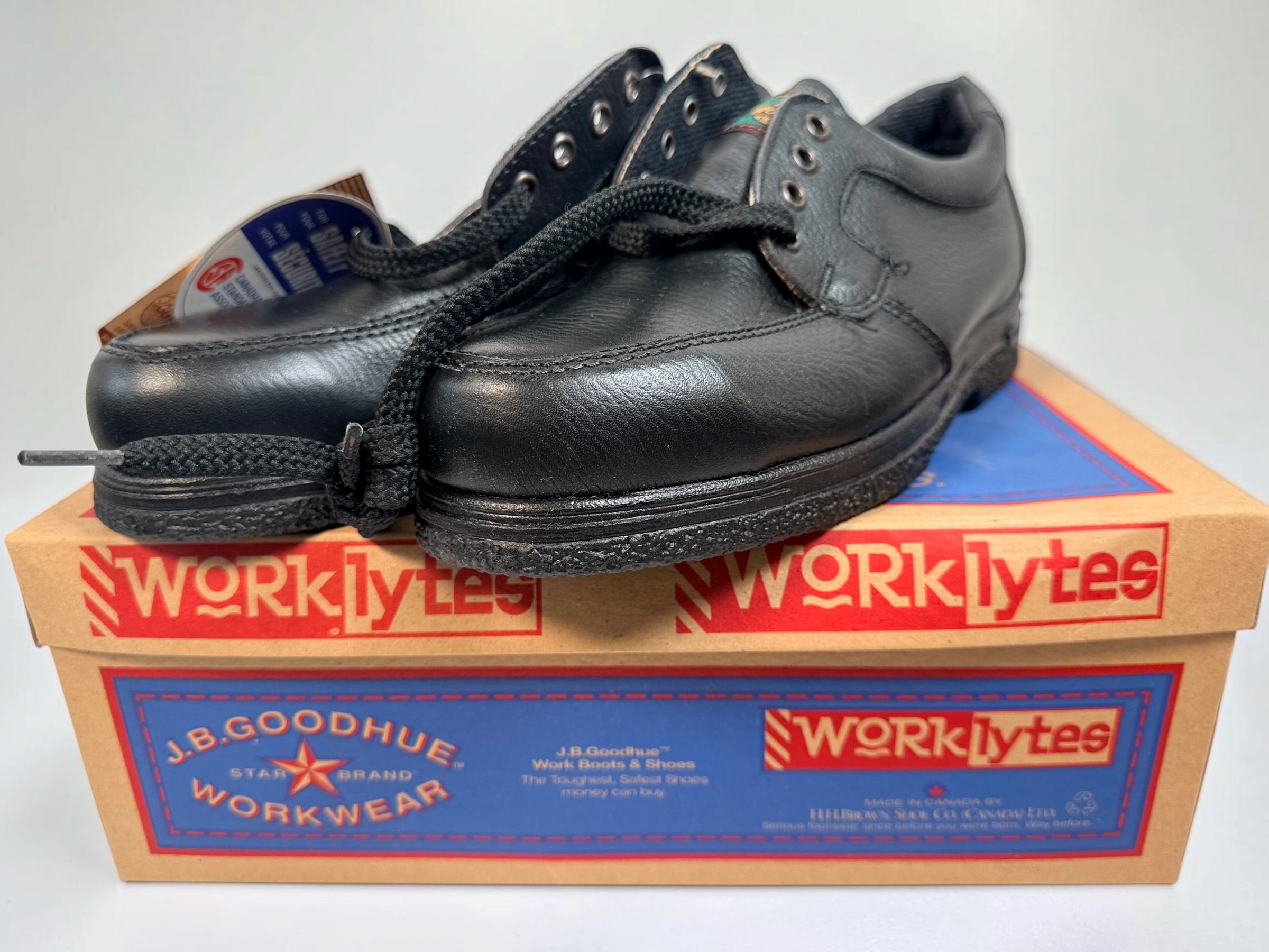 Shop J.B. Goodhue Worklytes black leather shoes, size 8 E. Canadian-made moc-toe lace-ups in like-new condition with original box at Eco Depot Montreal.