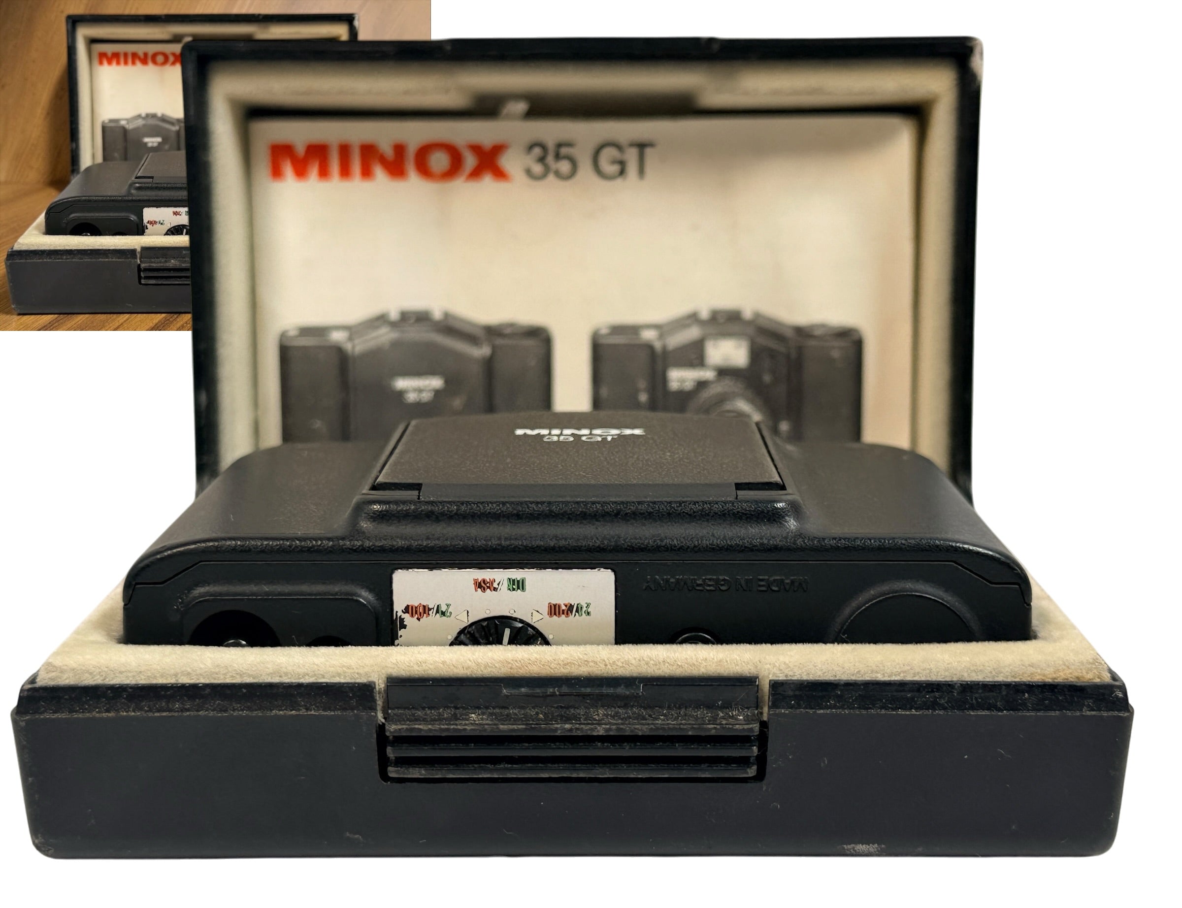 SEO Meta Description: Vintage Minox 35 GT 35mm film camera with Color-Minotar f/2.8 lens, original case and manual. Made in West Germany. Untested vintage collectible.