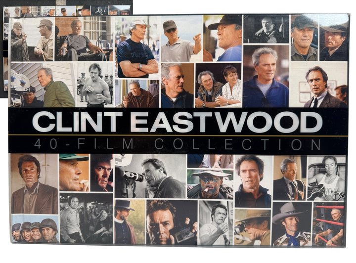 A boxed cover design for the Clint Eastwood 40-Film Collection, featuring a collage of many portrait photos around a large black title band with white text reading 'CLINT EASTWOOD' and smaller text '40-FILM COLLECTION'.