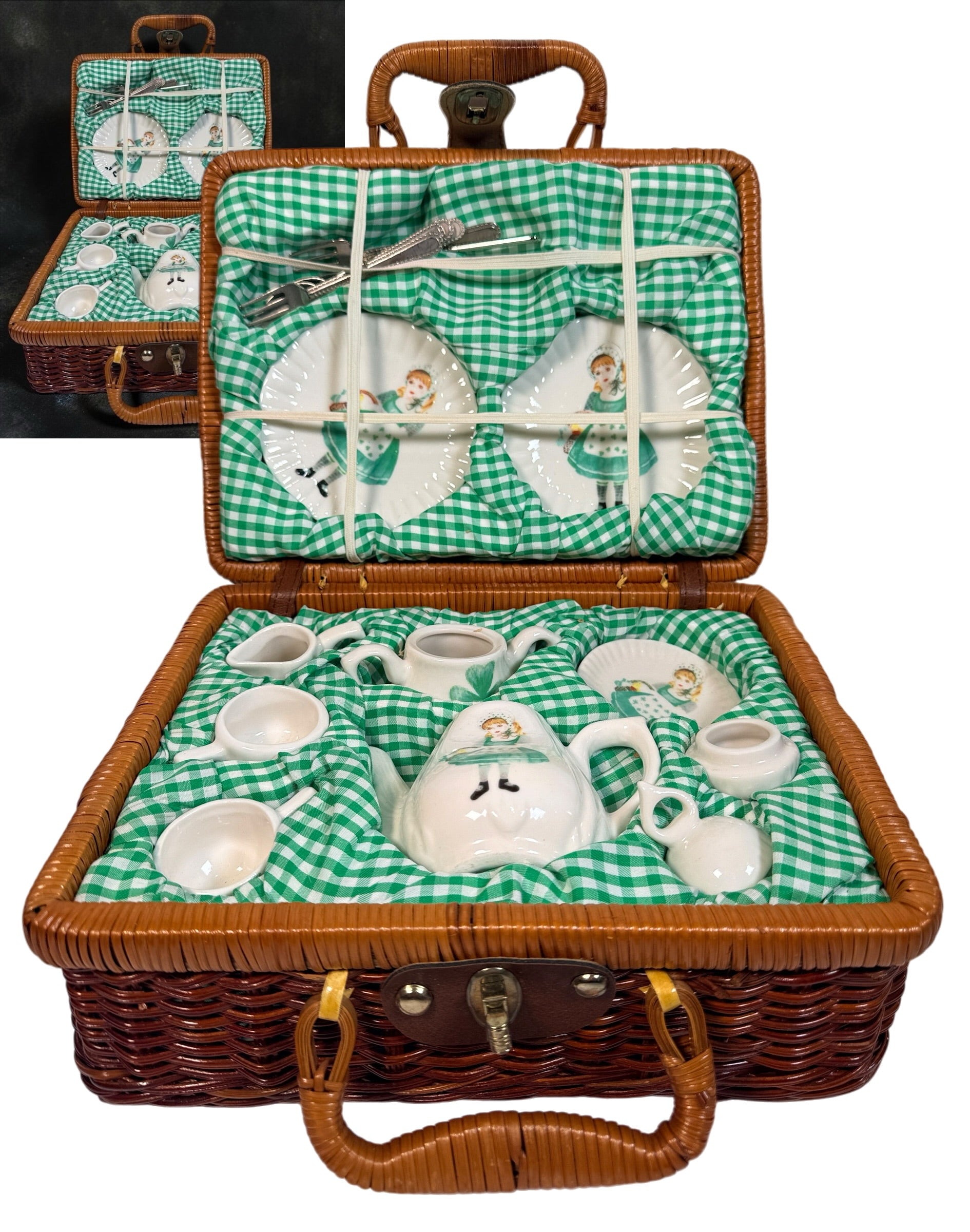 Vintage Delton miniature ceramic tea set with Irish girl and shamrock designs, complete with green gingham-lined wicker picnic basket.
