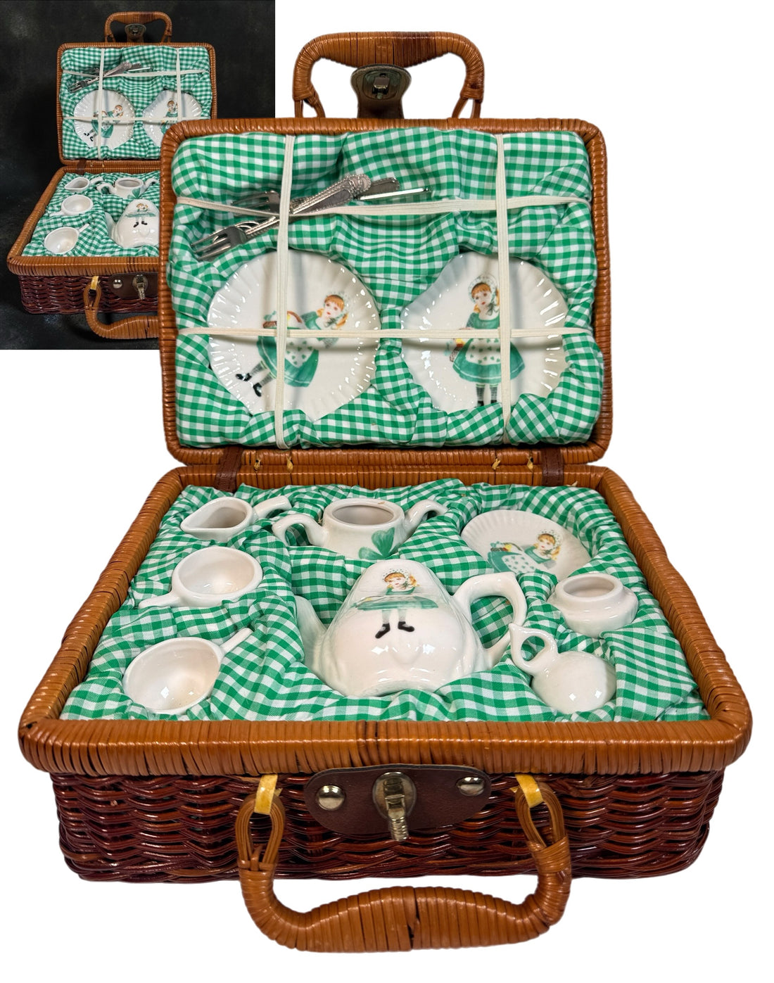 Vintage Delton miniature ceramic tea set with Irish girl and shamrock designs, complete with green gingham-lined wicker picnic basket.