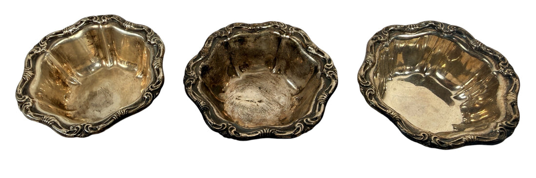 Set of 3 vintage Birks sterling silver bowls with scalloped sides and ornate scroll rims. Beautiful for display, collecting or wrapped sweets.