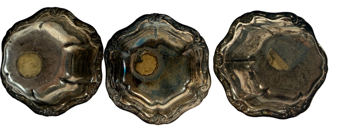 Set of 3 vintage Birks sterling silver bowls with scalloped sides and ornate scroll rims. Beautiful for display, collecting or wrapped sweets.