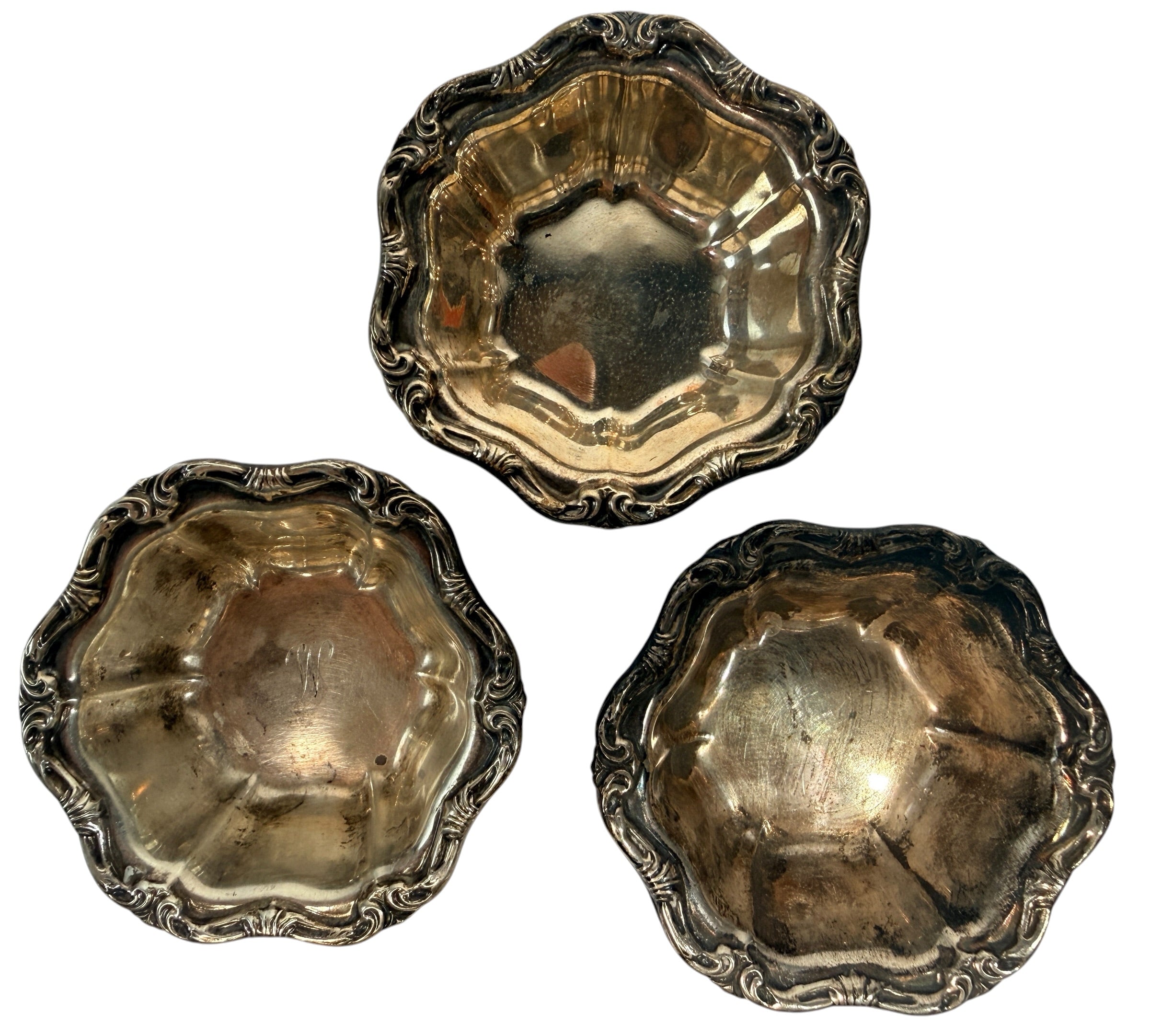 Set of 3 vintage Birks sterling silver bowls with scalloped sides and ornate scroll rims. Beautiful for display, collecting or wrapped sweets.