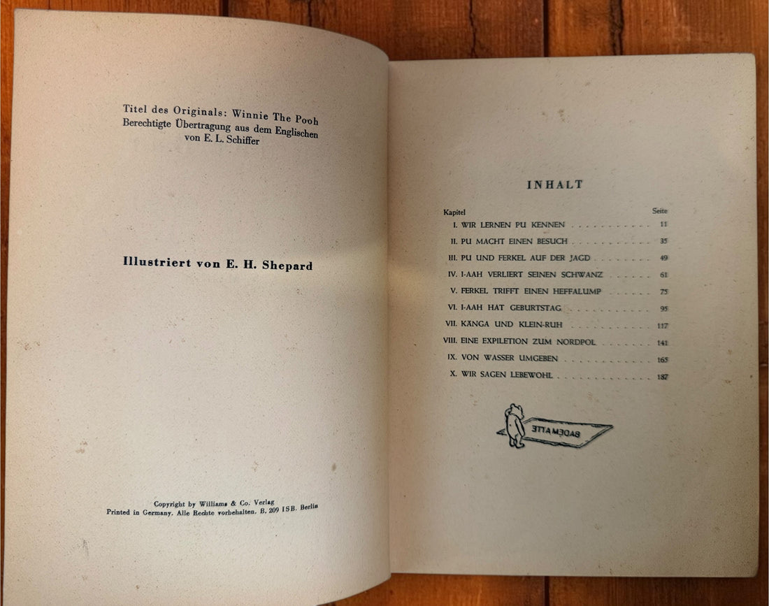 Discover a vintage German edition of Pu der Bär by A. A. Milne, illustrated by E. H. Shepard. Undated hardcover with visible age and wear.