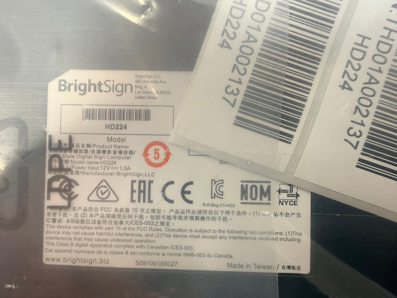 BrightSign HD224 manufacturer label