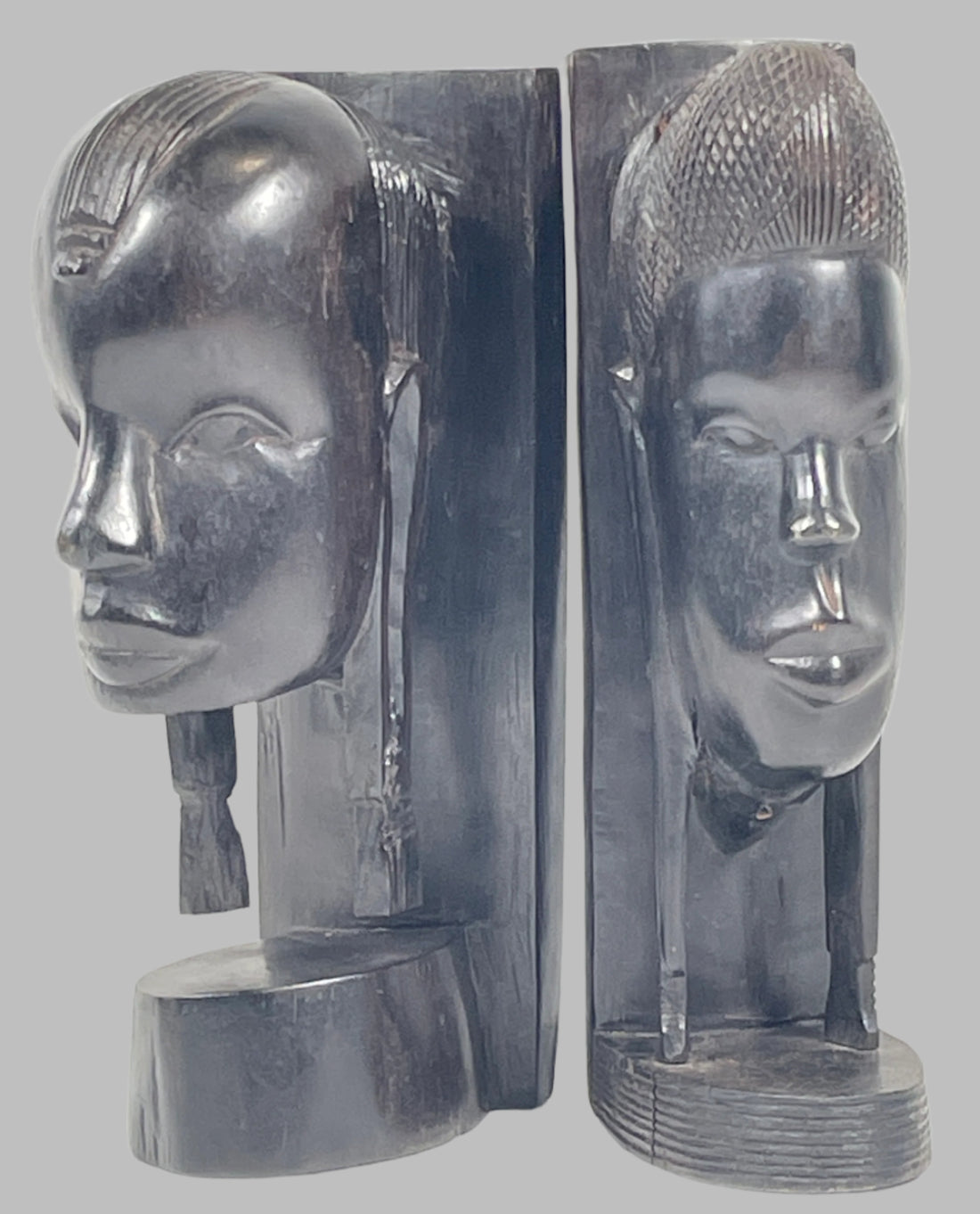 Pair of Hand-Carved African Bust Bookends – Kilimanjaro Style, Kenya