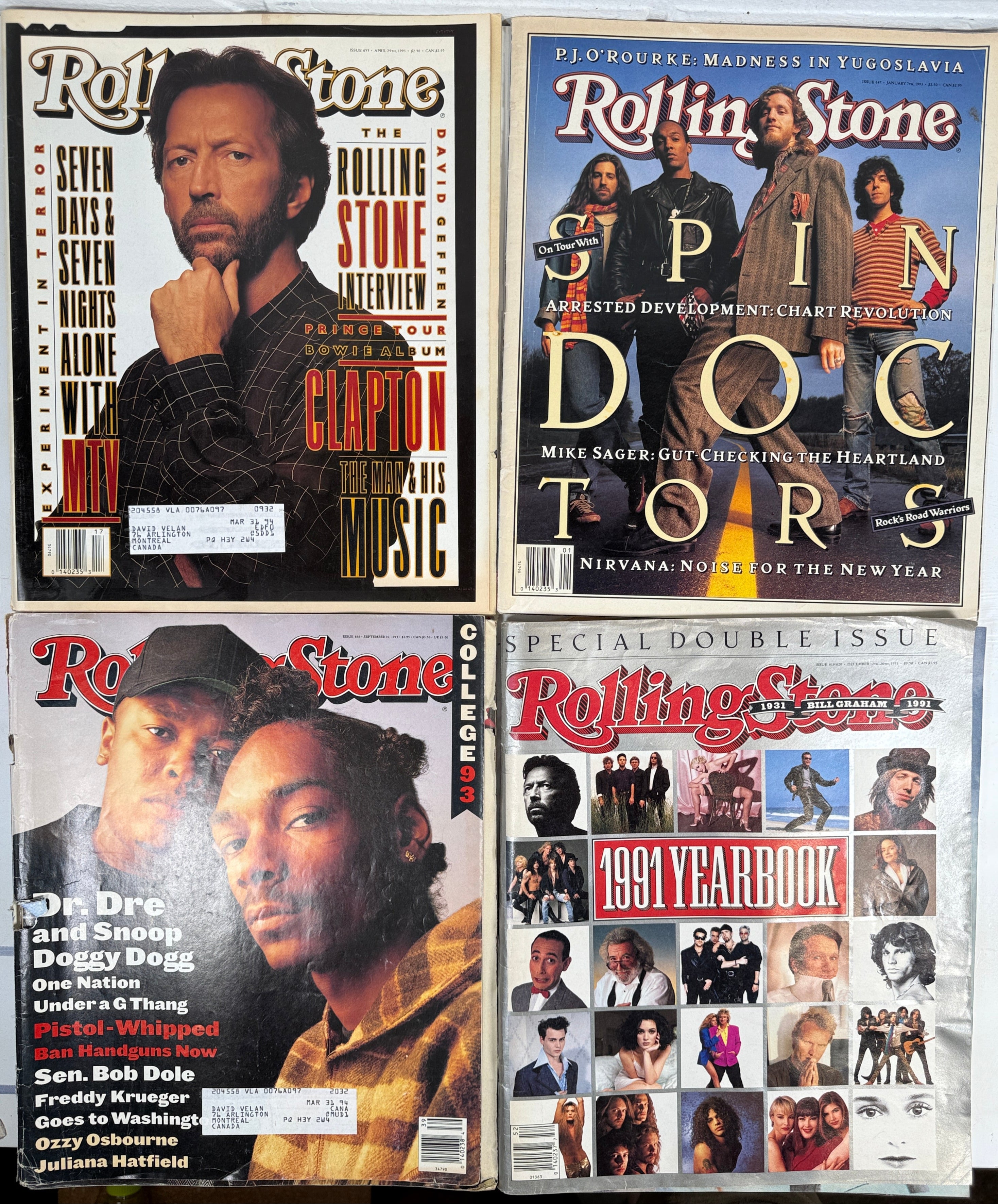 Lot de 4 magazines Rolling Stone des années 1990 : Clapton, Dre, Snoop, Yearbook, Spin Doctors