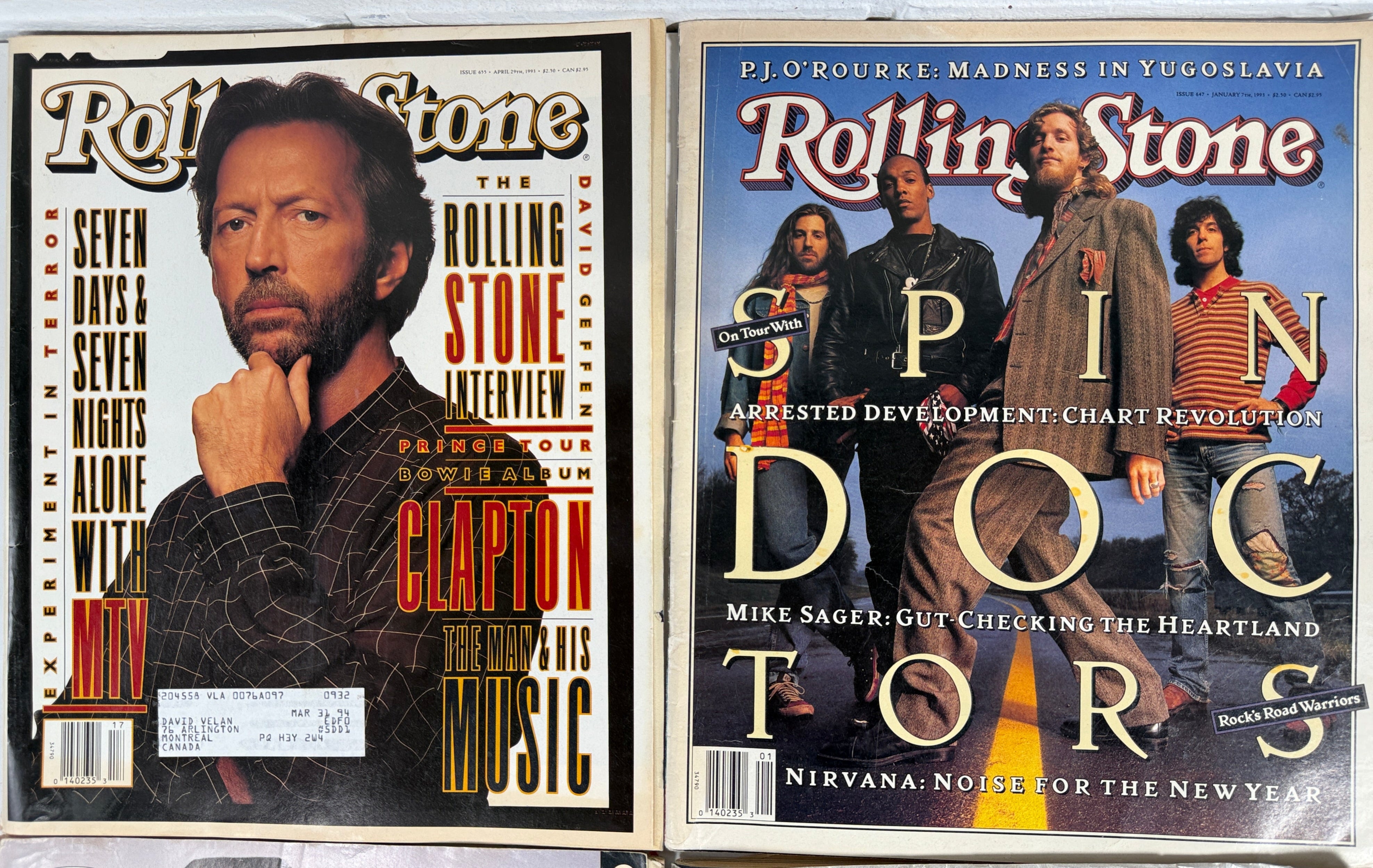 Rolling Stone magazines featuring Eric Clapton and Nirvana on the covers.