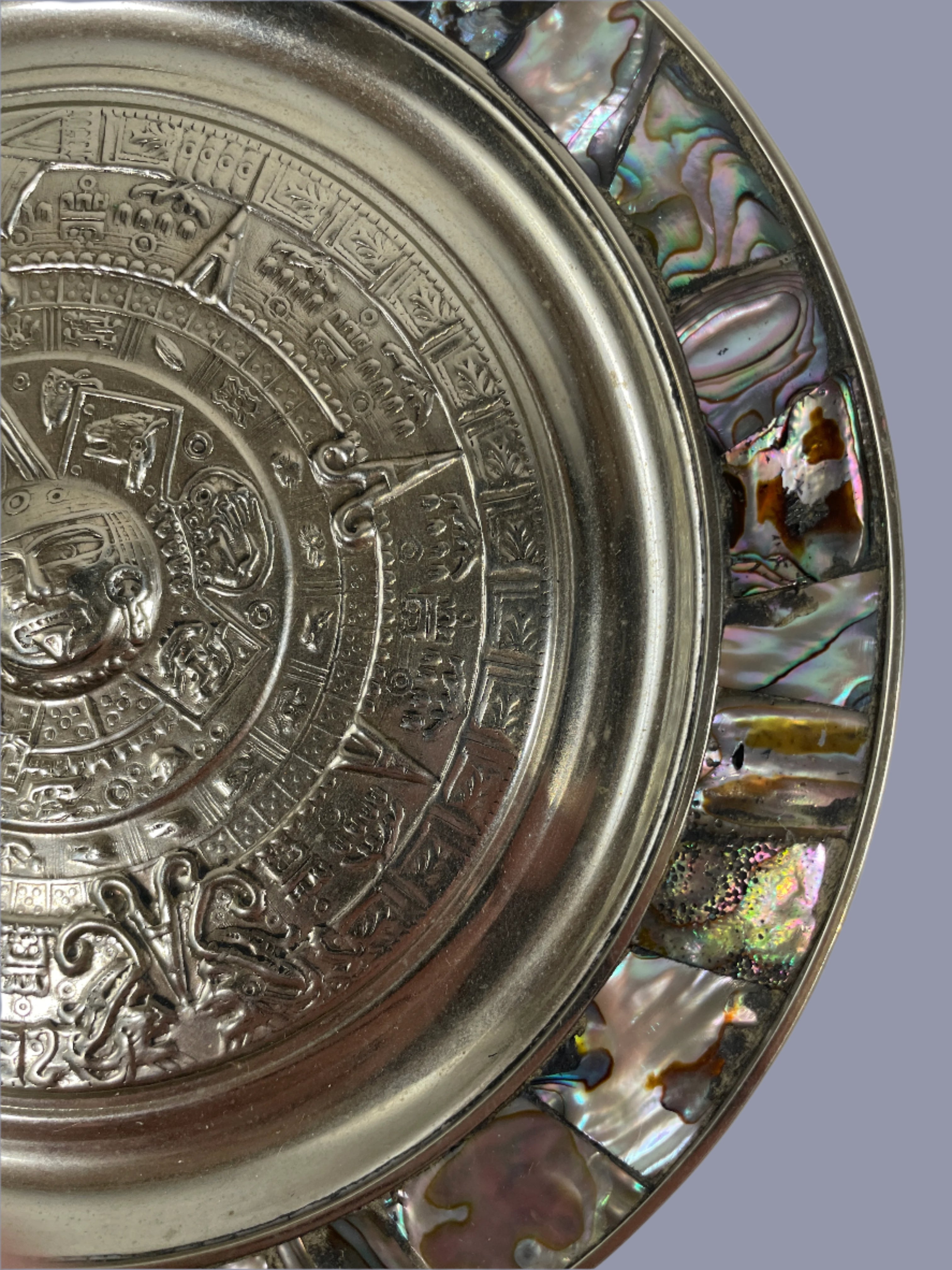 Mexican Alpaca AZTEC Calendar Silver Tray Dish Abalone Shell Rim German Silver