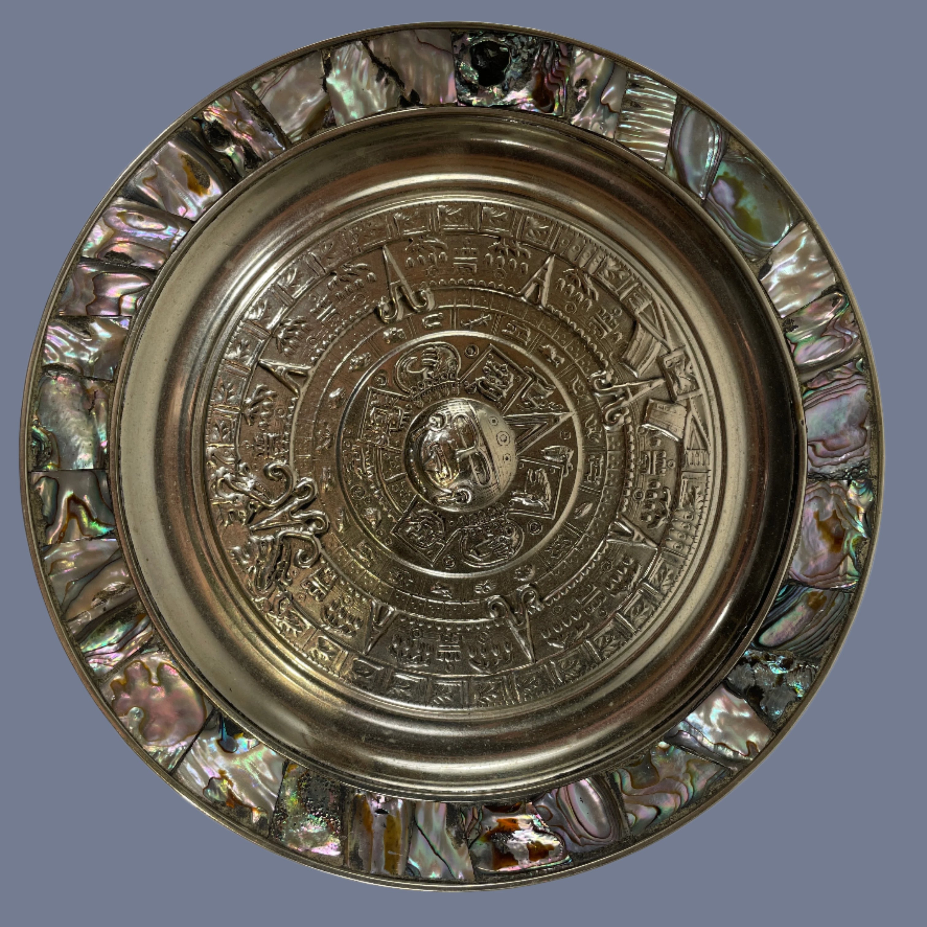 Mexican Alpaca AZTEC Calendar Silver Tray Dish Abalone Shell Rim