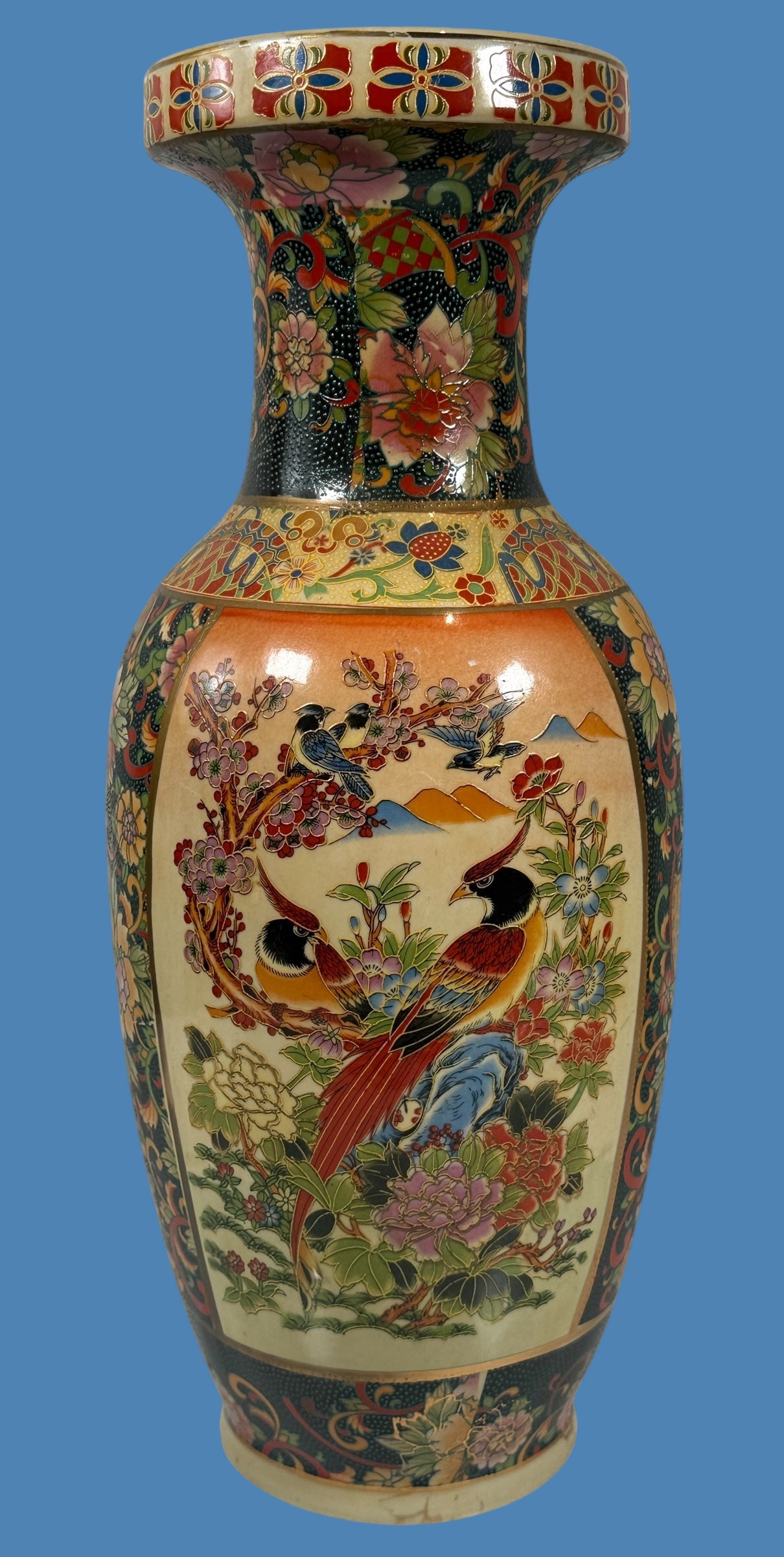 Vintage Japanese Satsuma-Style Floor Vase – Hand-Painted Birds & Florals – 20th Century