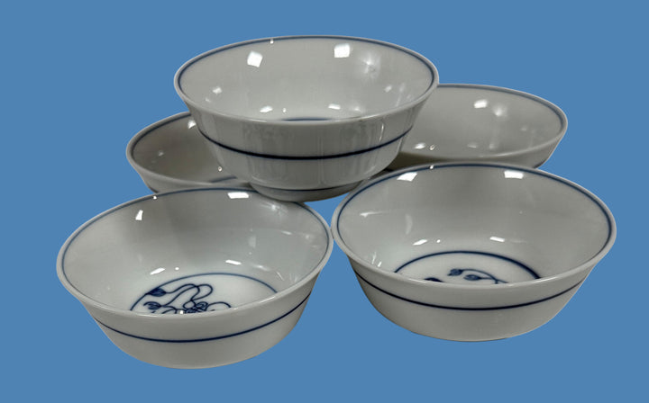 Set of 5 Japanese Blue & White Porcelain Rice Bowls