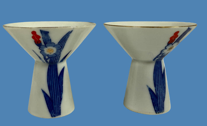 Vintage Japanese Porcelain Sake Cups – Hand-Painted Iris Motif – Pair – Marked