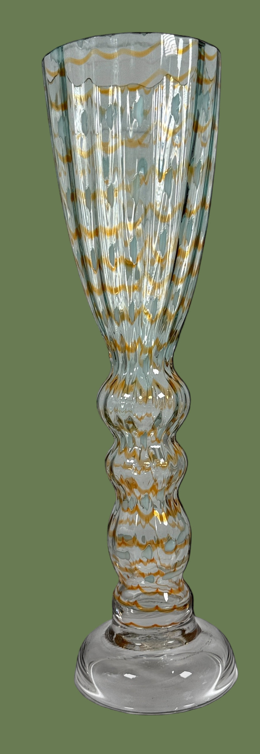 Large 15.5” Murano-Style Art Glass Vase – Gold & Enamel Optic Ribbed – Handblown Studio Glass