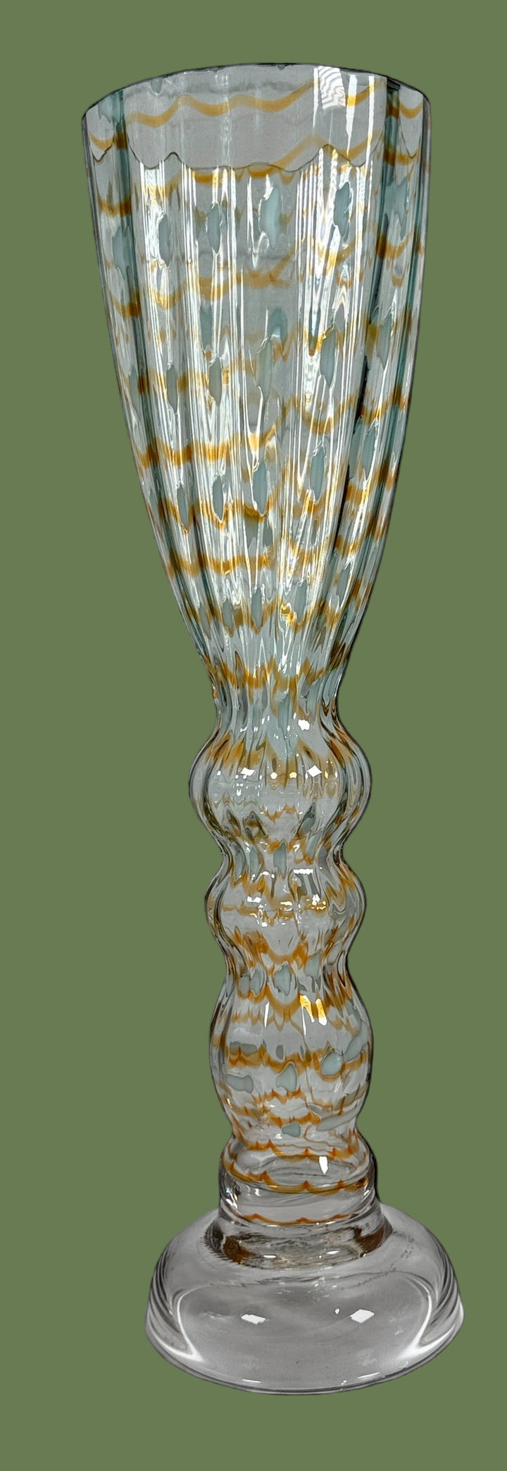 Large 15.5” Murano-Style Art Glass Vase – Gold & Enamel Optic Ribbed – Handblown Studio Glass