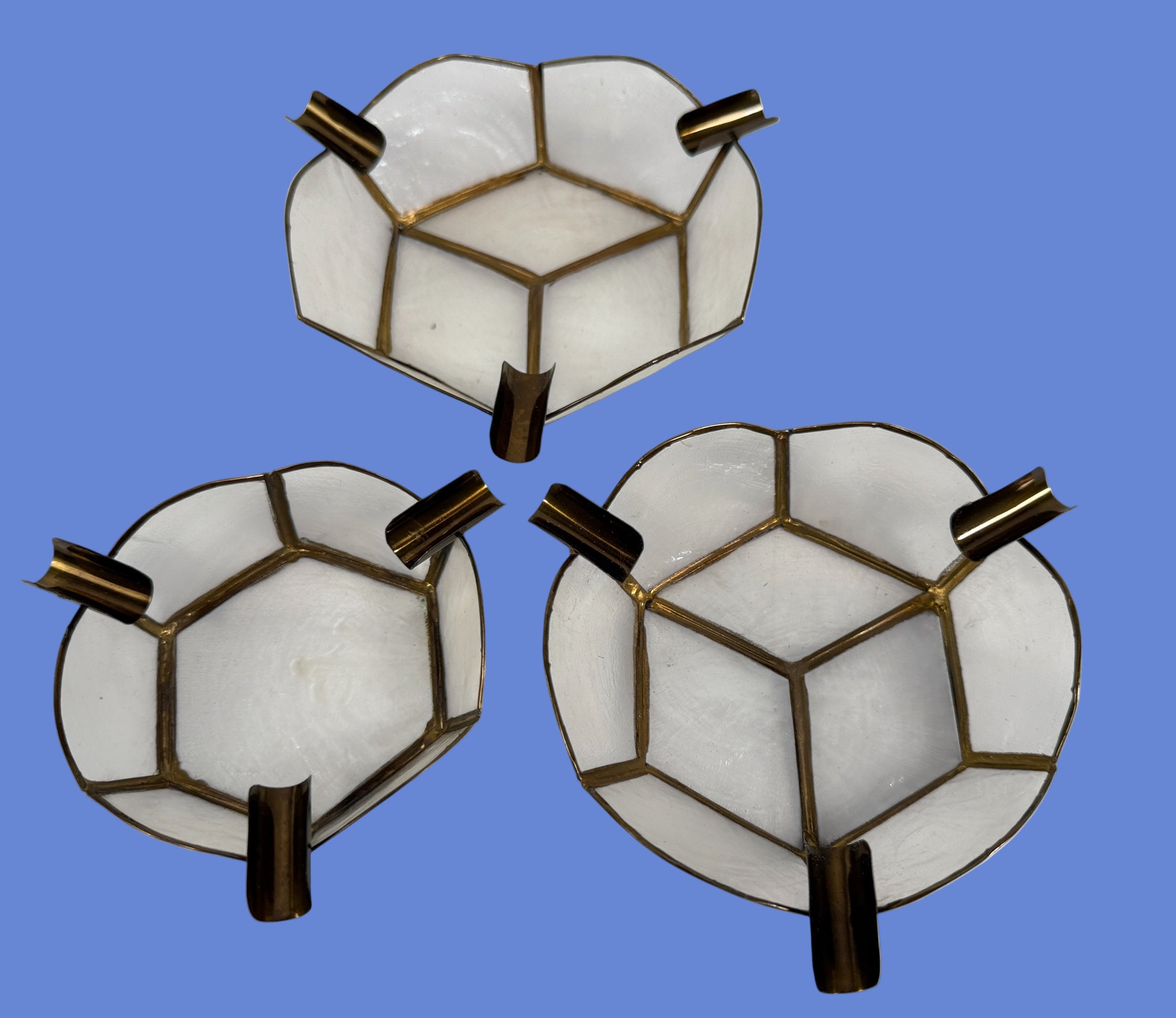 Vintage Capiz Shell & Brass Ashtrays – Set of 3 – Mid-Century Modern