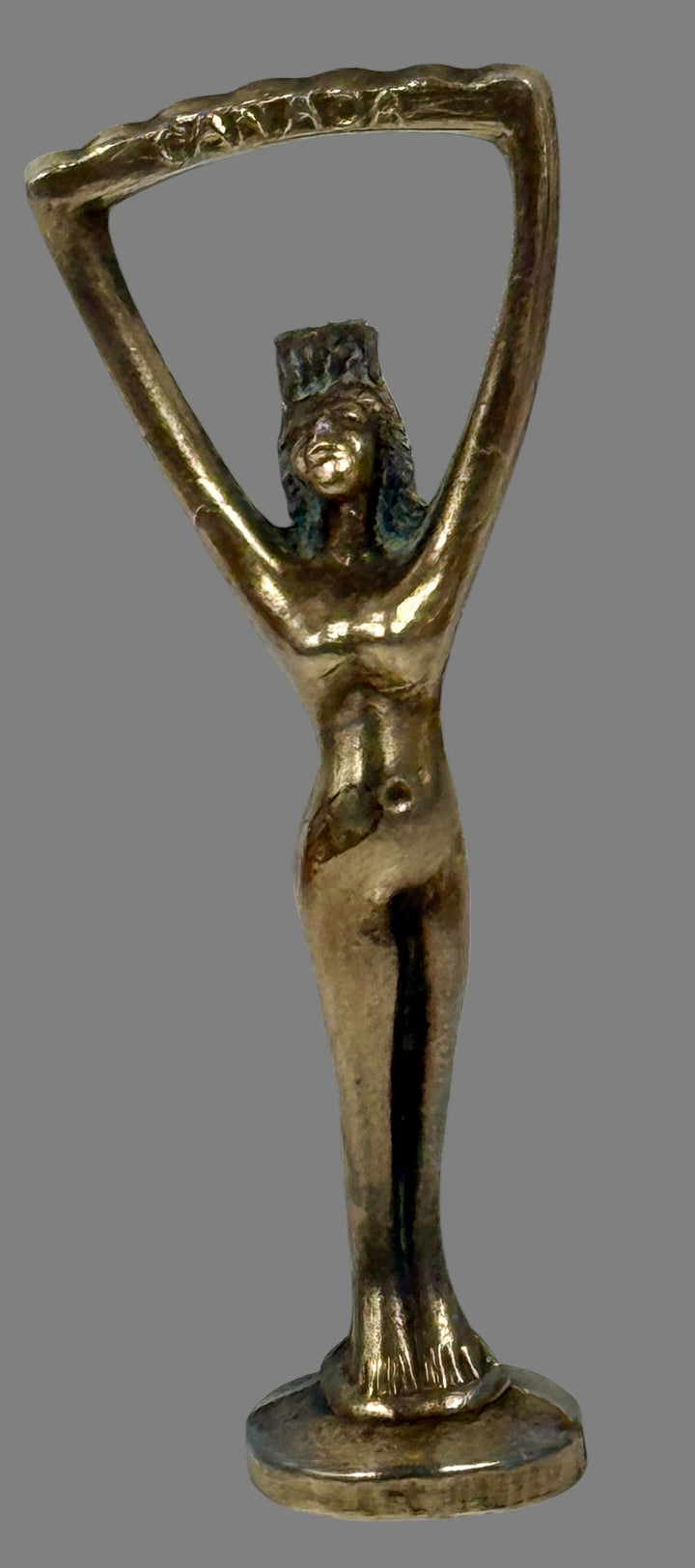 Décapsuleur en laiton du milieu du siècle, souvenir de femme nue, fabriqué au Canada