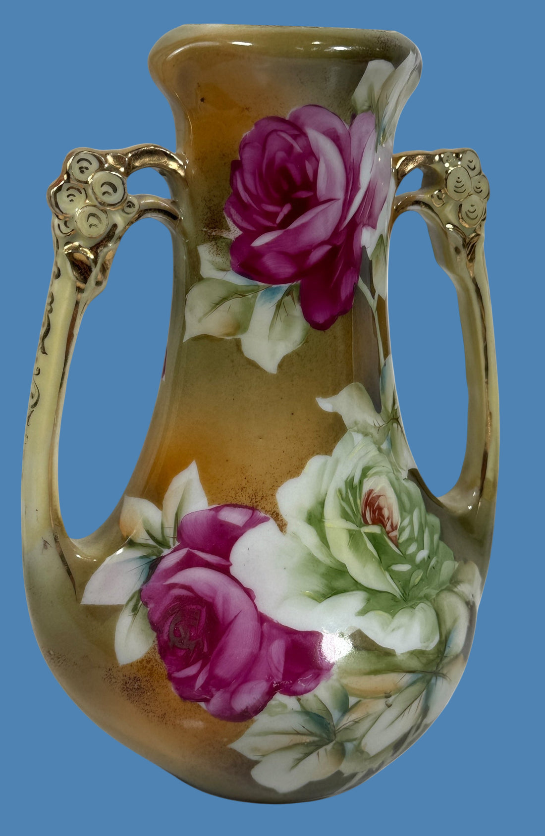 Vase antique japonais peint à la main de 20 cm, motif feuille d'érable, roses dorées