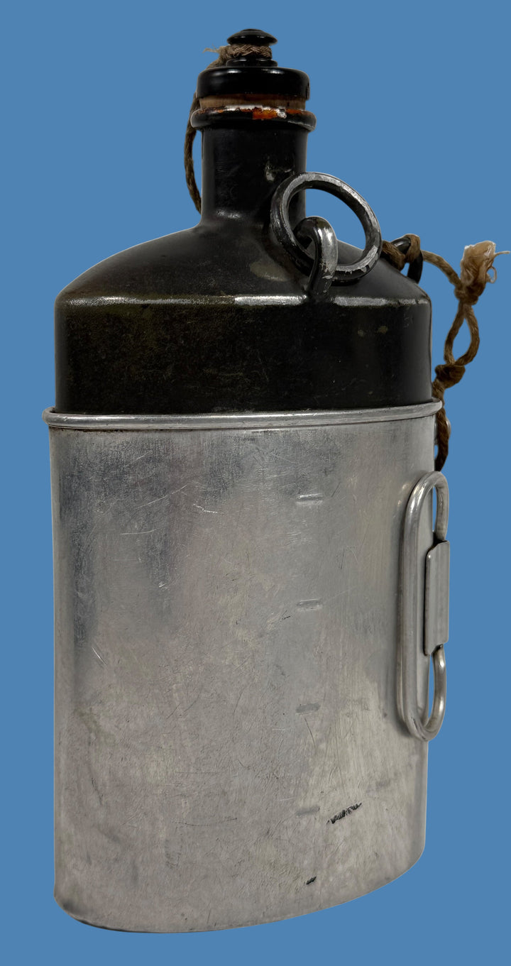 Vintage Swiss Army Canteen Set – Aluminum Cup (1969) + Black Steel Bottle (1944) – Military Surplus