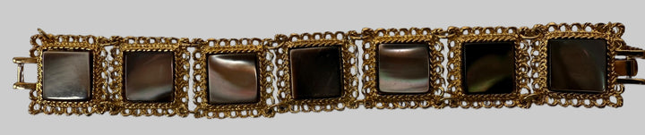 Vintage Gold-Tone Bracelet – Shell Inlay, Ornate Panels, 1960s