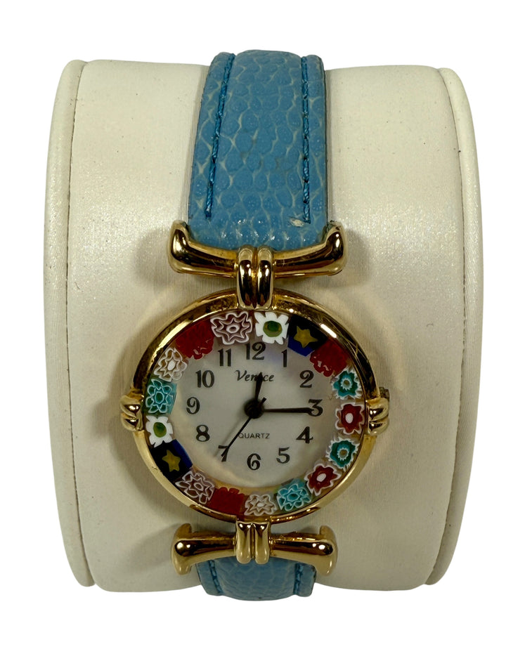 Venetiae Murano Millefiori Floral Glass Gold Tone Leather Band Women's Watch