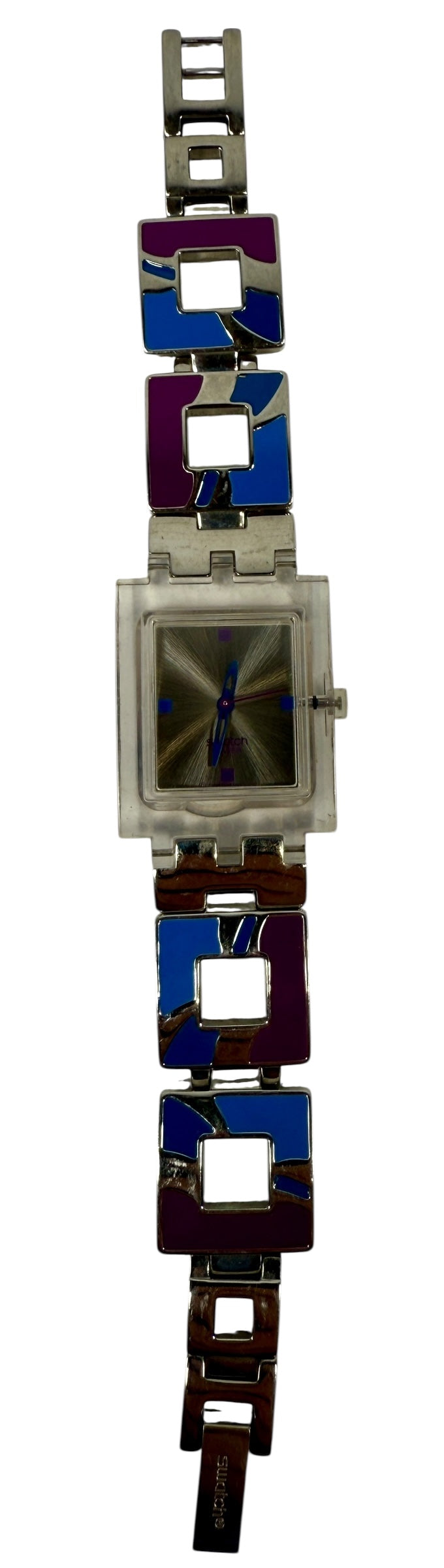 Montre-bracelet carrée vintage Swatch en émail – Bleu et violet