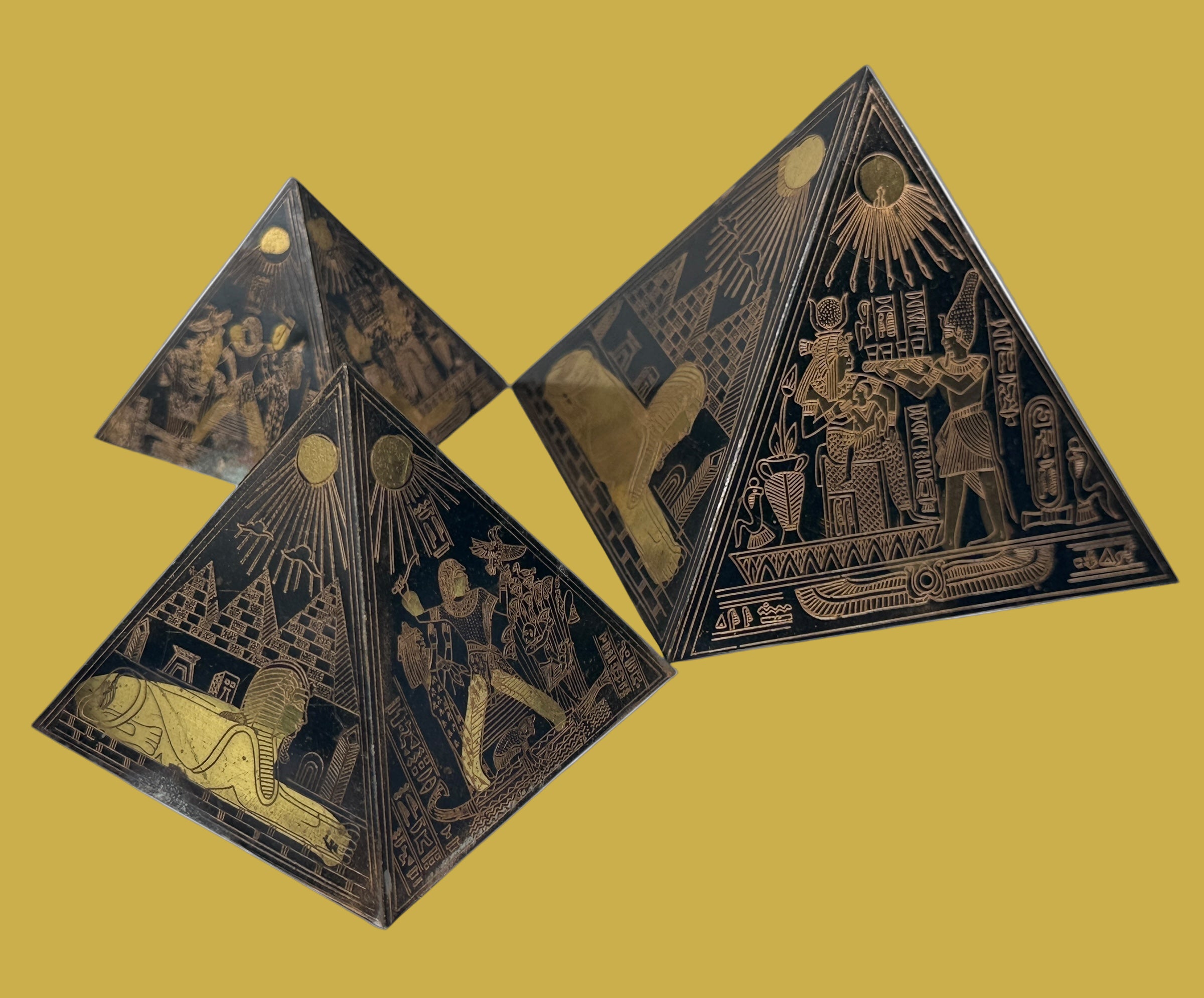 Set of 3 Etched Egyptian Pyramids Ornament Metal Desk decor Vintage