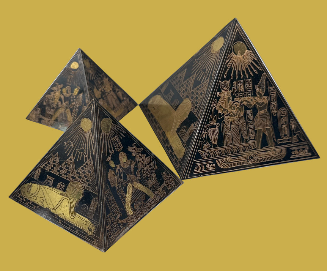 Set of 3 Etched Egyptian Pyramids Ornament Metal Desk decor Vintage