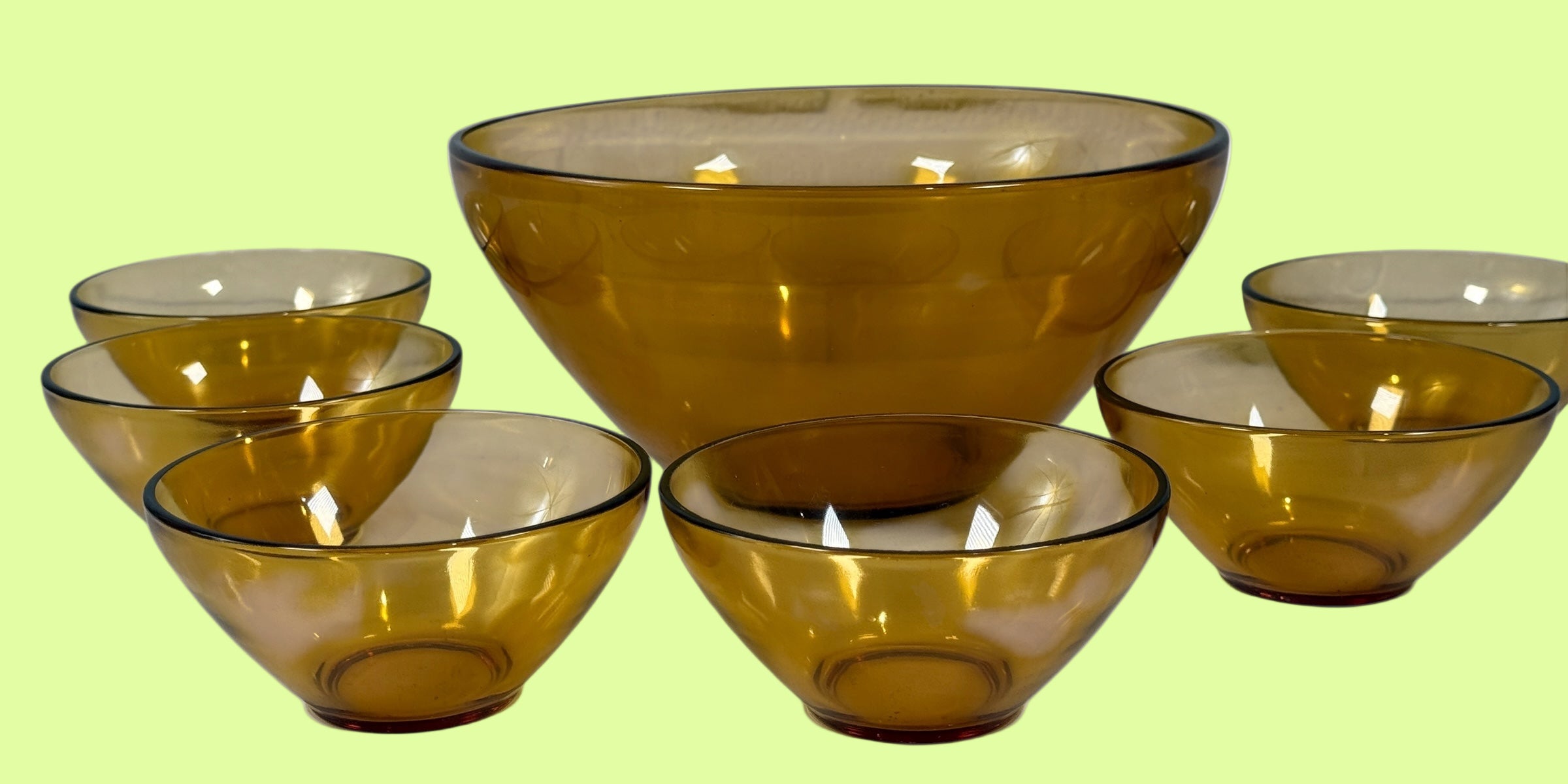 Vintage Vereco France Amber Glass Salad/Dessert Set – 1 Large + 6 Small Bowls, MCM