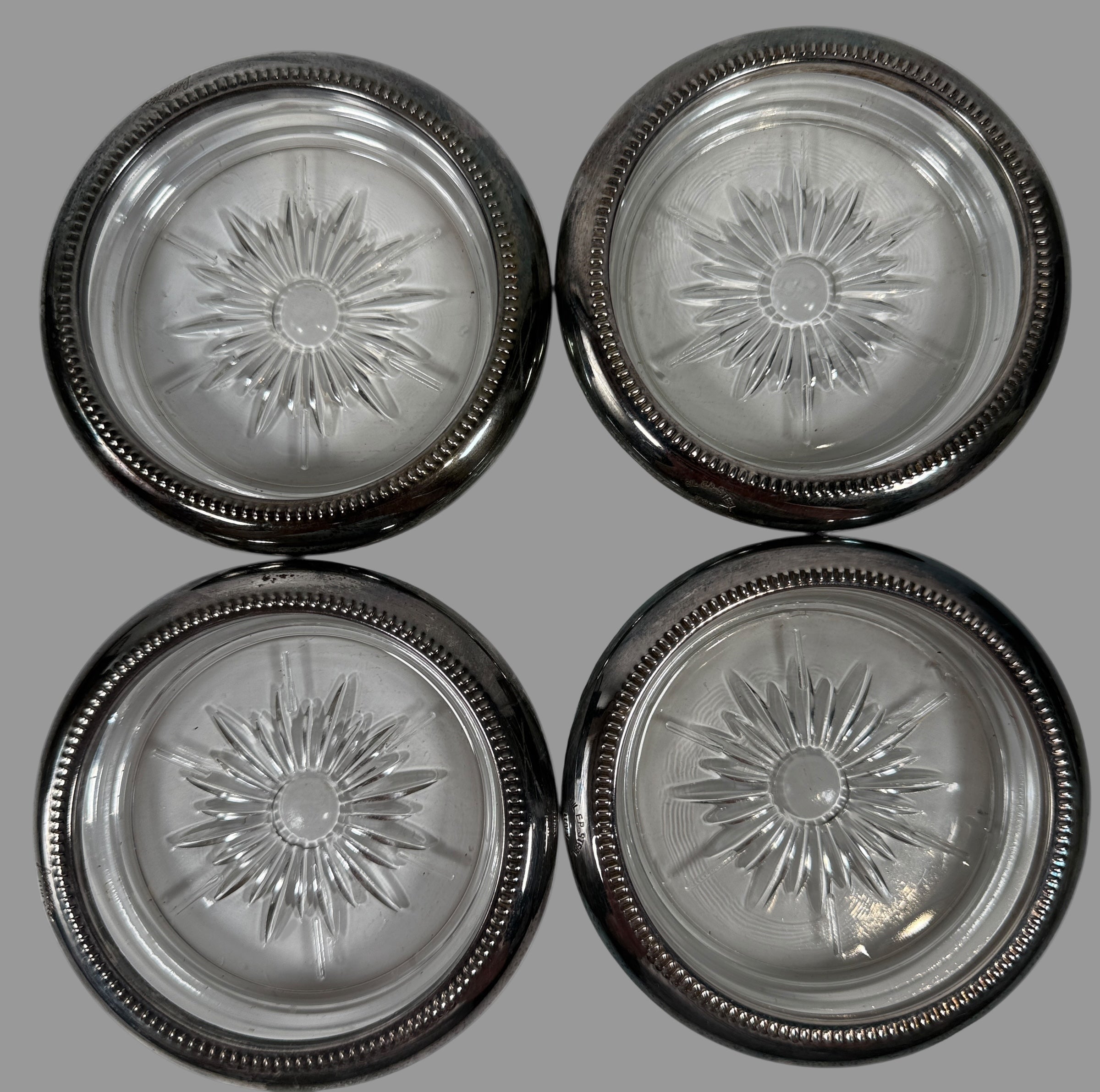 4 Vintage Leonard Old Crystal Glass Drink Coasters Made In Italy Silver Plated