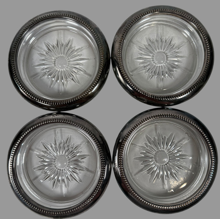 4 Vintage Leonard Old Crystal Glass Drink Coasters Made In Italy Silver Plated