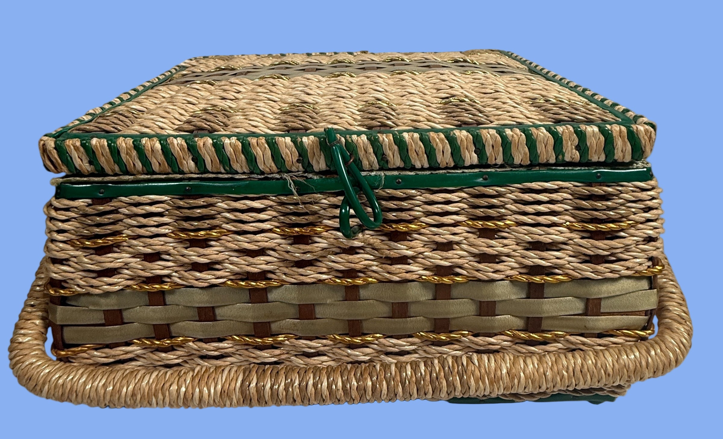 Vintage Mid-Century Woven Sewing Basket – Green Satin Lined Lid with Tufted Buttons