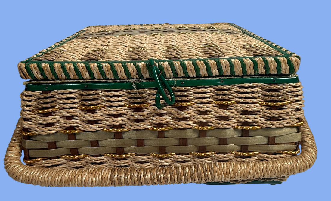 Vintage Mid-Century Woven Sewing Basket – Green Satin Lined Lid with Tufted Buttons
