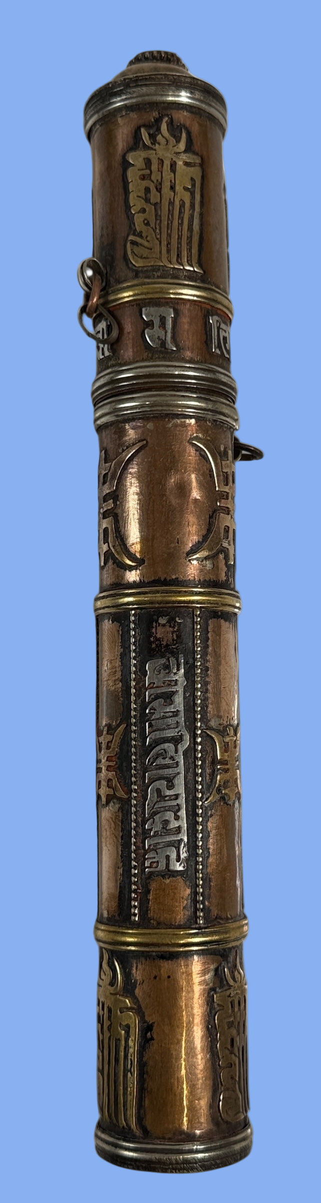 Porte-rouleau de prière bouddhiste tibétain vintage – Cuivre/laiton avec inscription argentée – Pierre manquante