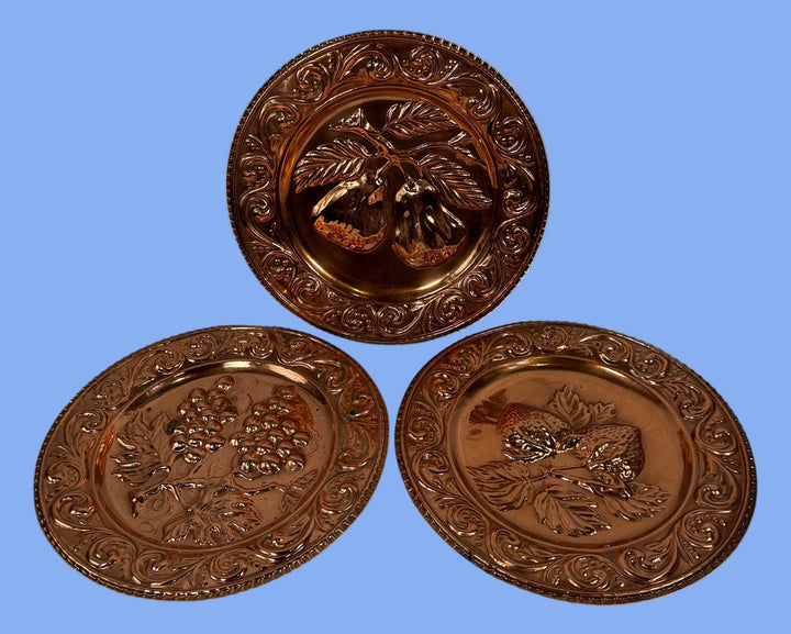 Vintage Italian Copper Wall Plates – Embossed Fruit Motifs (Set of 3)