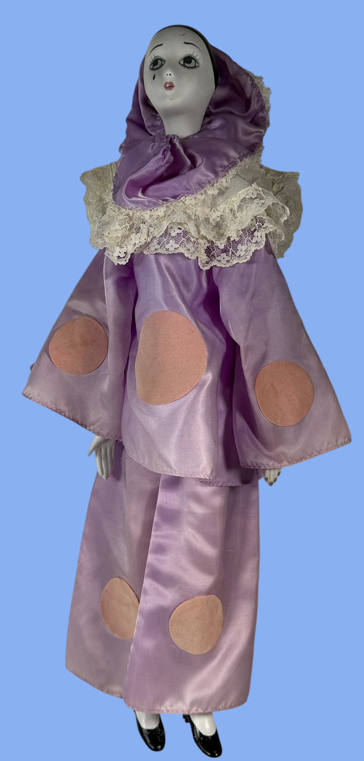 Handmade Pierrot Clown Porcelain Doll – Lavender Satin Costume, Signed 1992