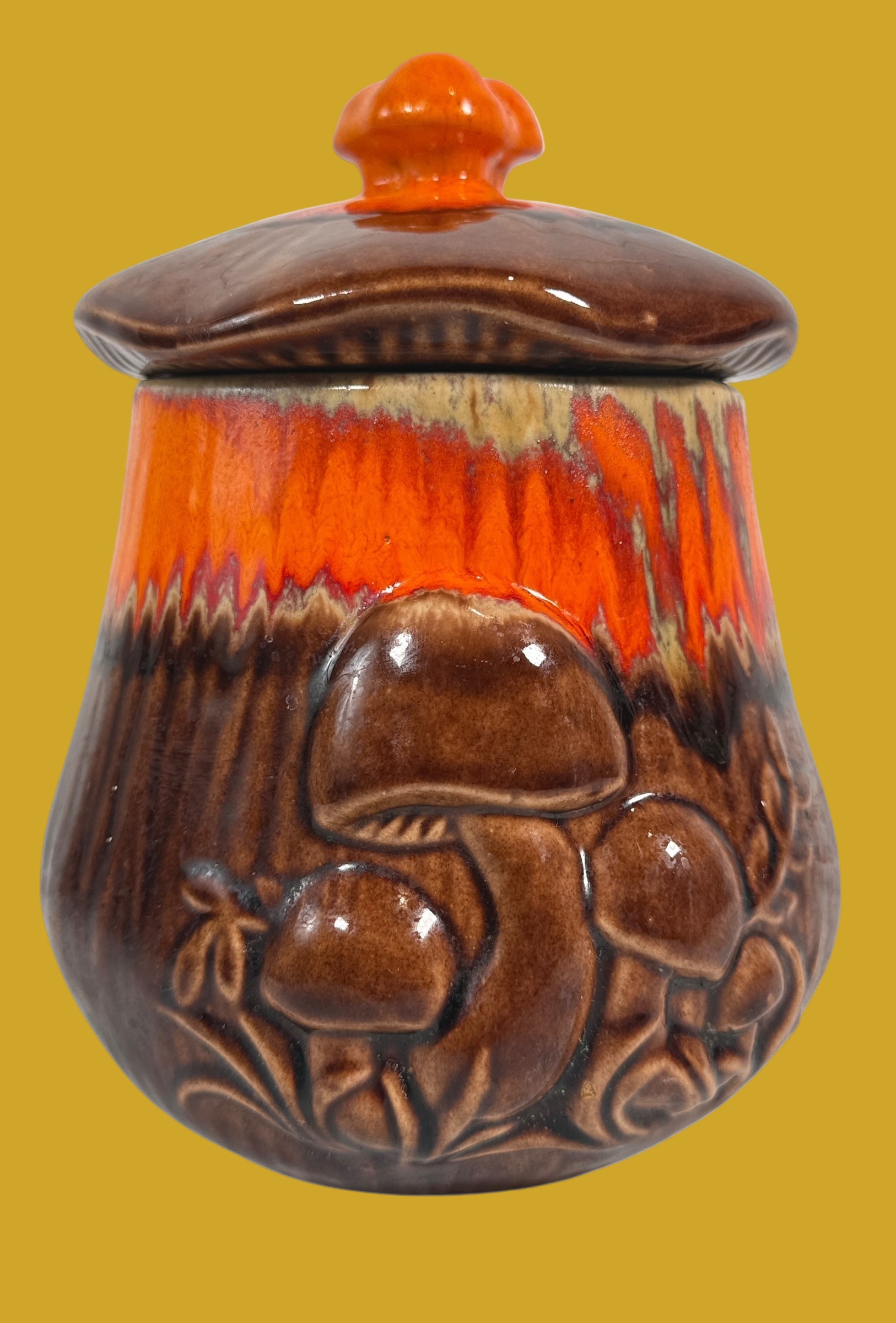 Vintage 1970s Mushroom Canister – 8½” Ceramic Jar – Retro Orange & Brown Drip Glaze