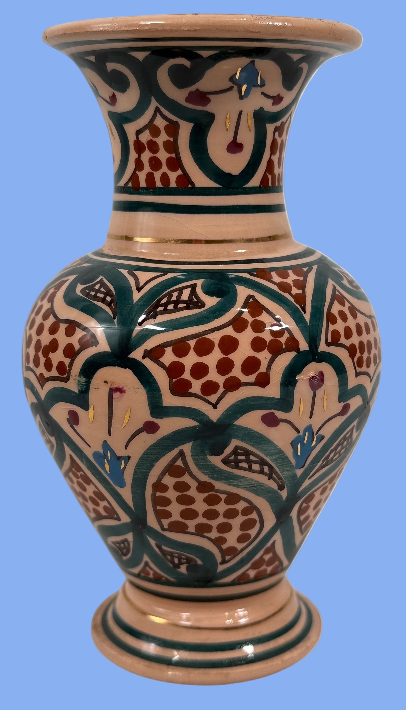 Vintage Tunisian Pottery Vase – Hand-Painted “Tunisie TL PB” Mark, 6¾″ Tall