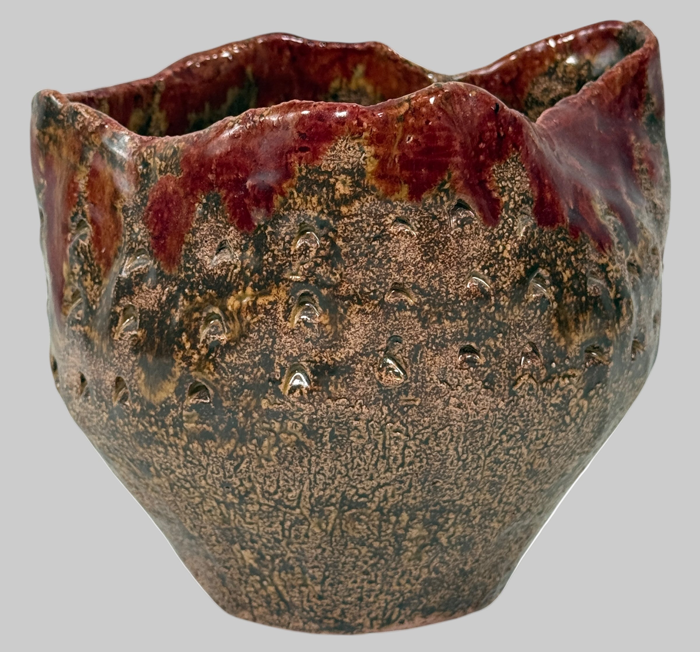 Vintage Canadian Studio Pottery Vase – Signed Claire, Textured Brown with Red Drip Glaze