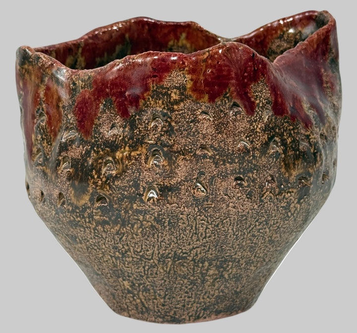 Vintage Canadian Studio Pottery Vase – Signed Claire, Textured Brown with Red Drip Glaze