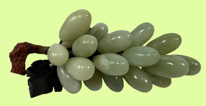 Mid-Century Hand-Carved Stone Grapes – Jade/Onyx with Black Marble Leaves