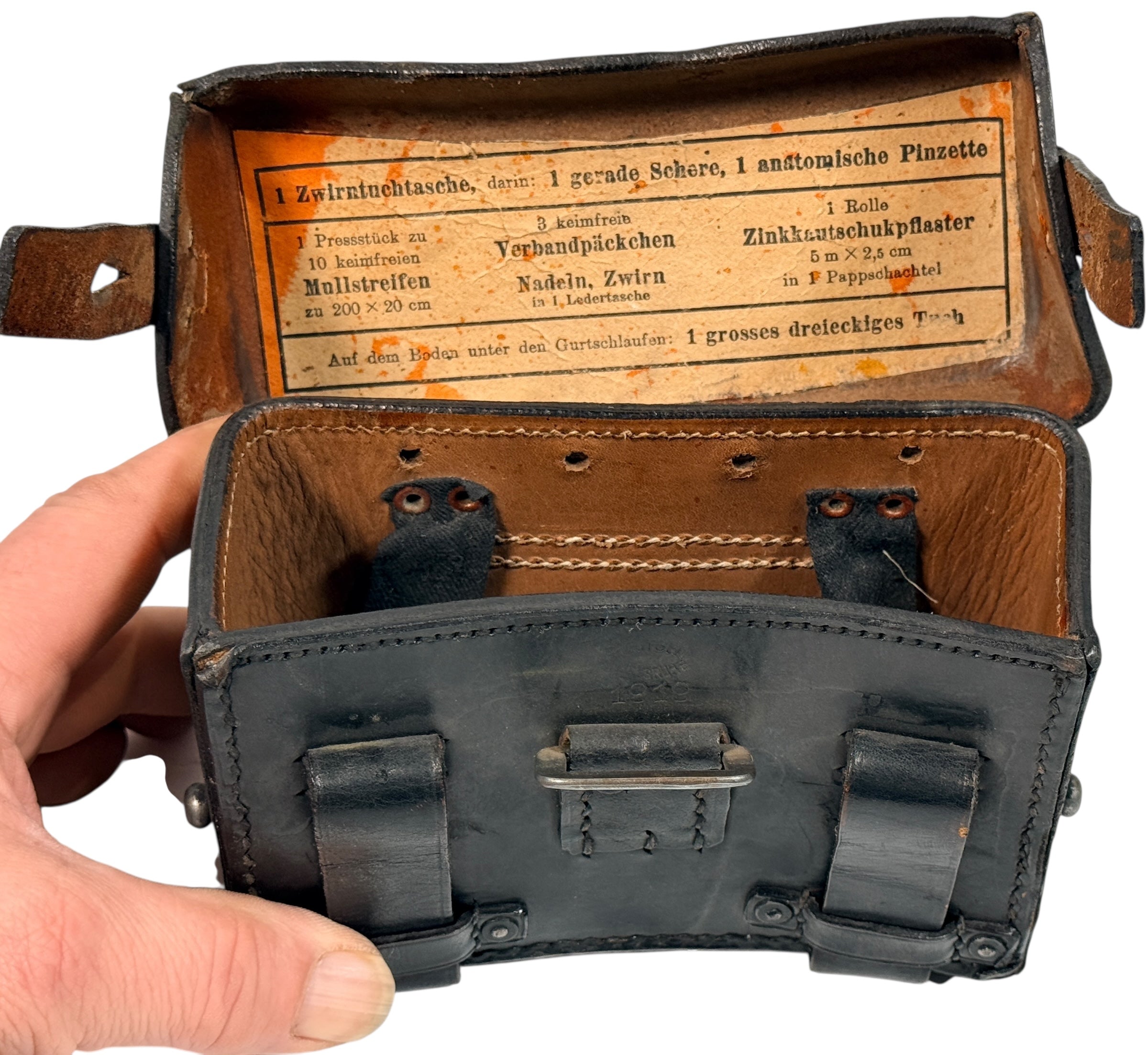 WWII German Leather Medical Pouch with Printed Contents Label