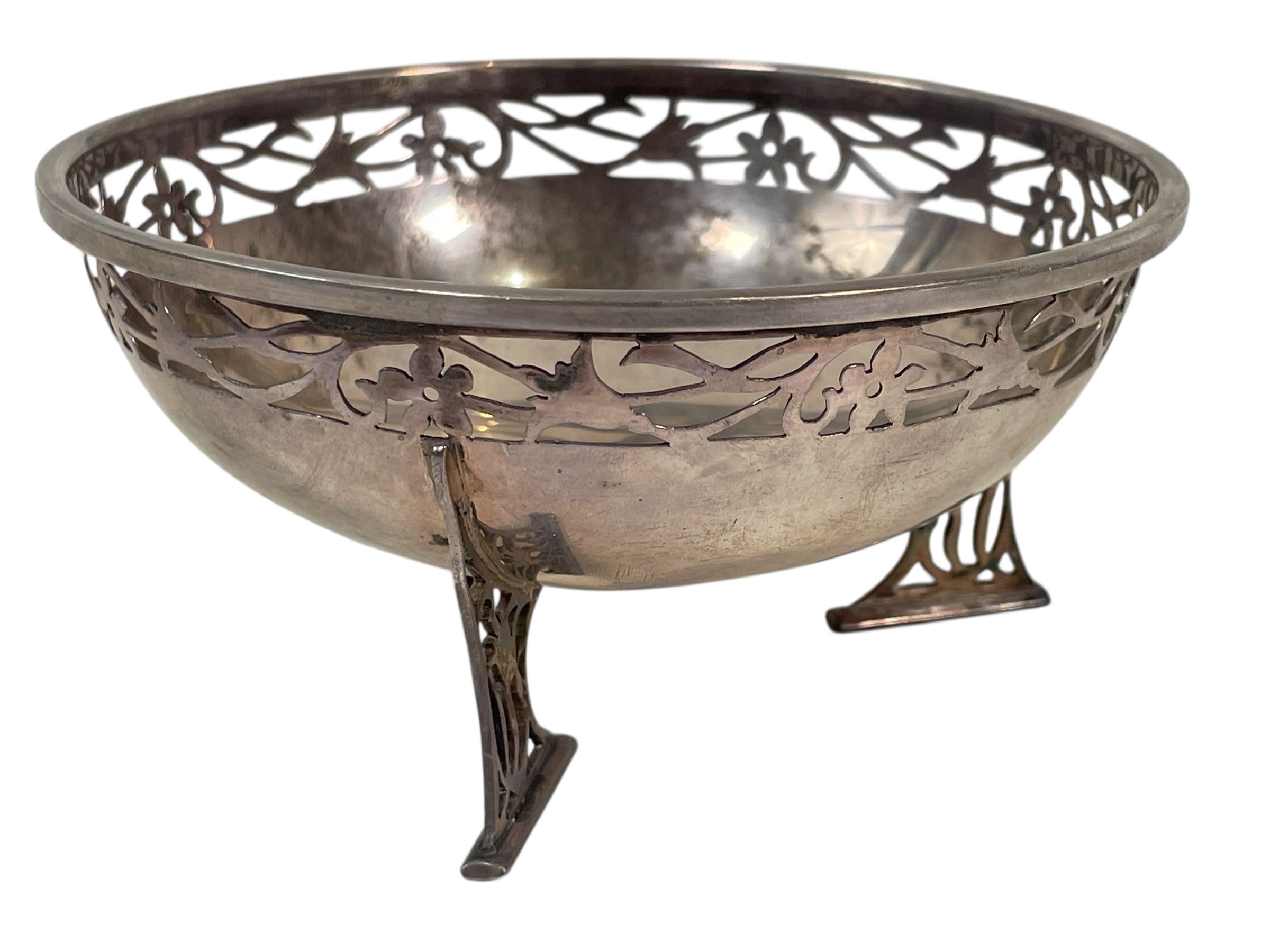 Antique 1914 L&S Sterling Silver Bowl – Flower Design, Pierced Buttress Feet, Birmingham Hallmarks