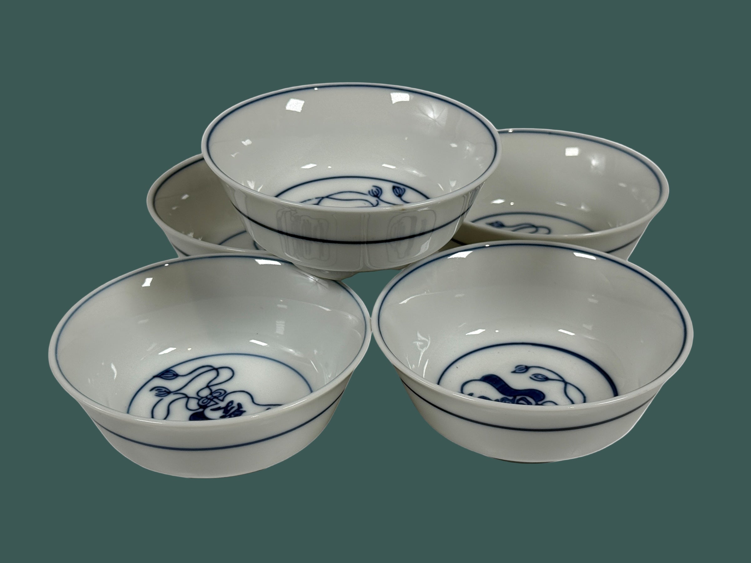 Set of 5 Japanese Blue & White Porcelain Rice Bowls